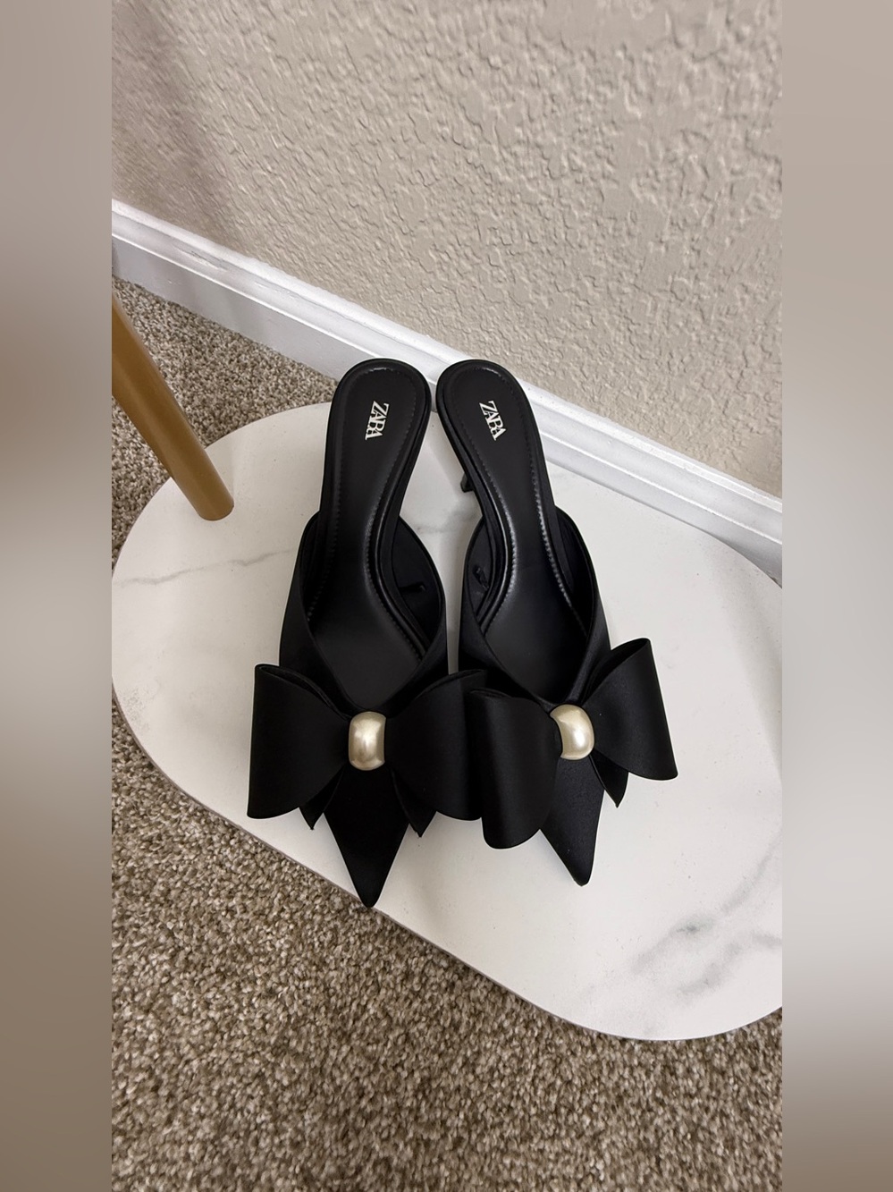 Zara Black Bow Slide Mules with Pearl Accent